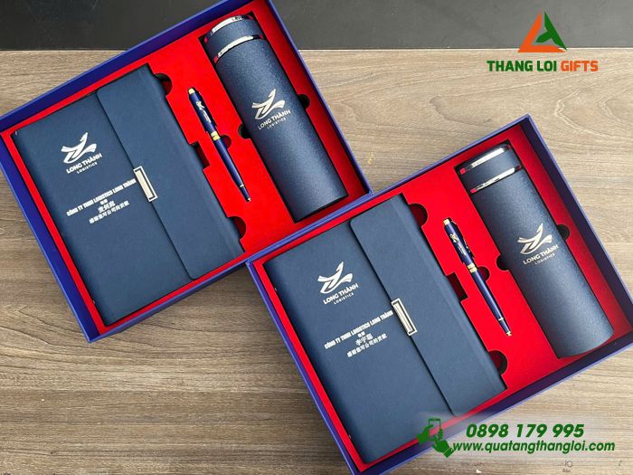 Giftset Bộ Quà Tặng (Sổ+ Bình+ Bút) Màu Xanh - In Khắc Logo Doanh Nghiệp Logistecs Long Thành