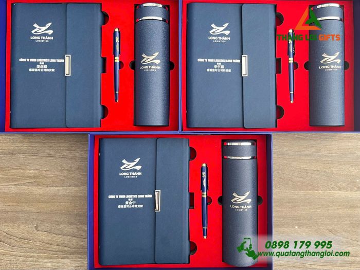 Giftset Bộ Quà Tặng (Sổ+ Bình+ Bút) Màu Xanh - In Khắc Logo Doanh Nghiệp Logistecs Long Thành