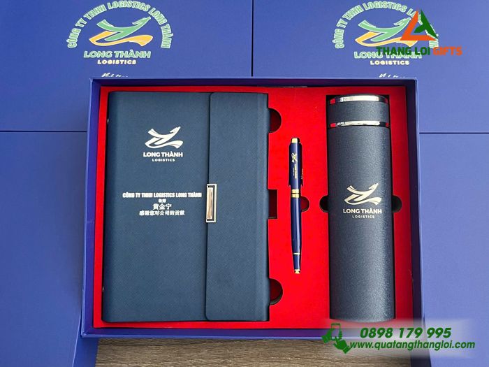 Giftset Bộ Quà Tặng (Sổ+ Bình+ Bút) Màu Xanh - In Khắc Logo Doanh Nghiệp Logistecs Long Thành