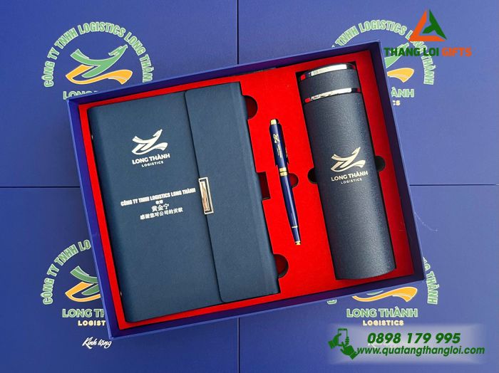 Giftset Bộ Quà Tặng (Sổ+ Bình+ Bút) Màu Xanh - In Khắc Logo Doanh Nghiệp Logistecs Long Thành