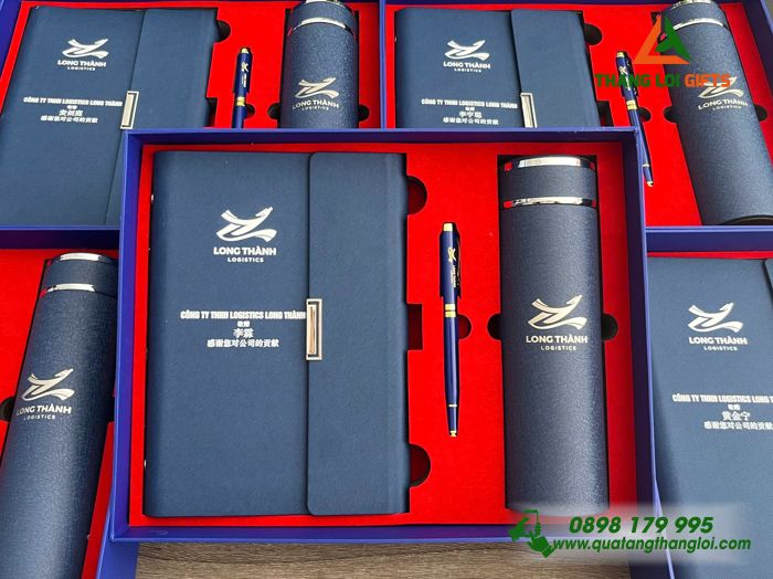 Giftset Bộ Quà Tặng (Sổ+ Bình+ Bút) Màu Xanh - In Khắc Logo Doanh Nghiệp Logistecs Long Thành