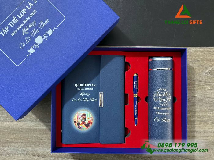 Set Quà Tặng (Sổ+ Bình+ Bút) Màu Xanh - In Khắc Tên Thầy Cô Làm Quà Tặng Tri Ân