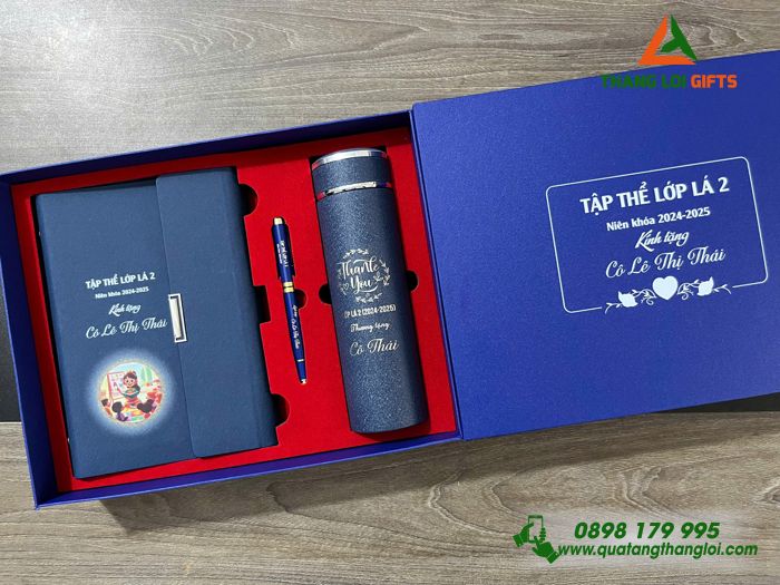 Bộ Quà Tặng (Sổ+ Bình+ Bút) Màu Xanh - In Khắc Tên Làm Quà Tri Ân Thầy Cô