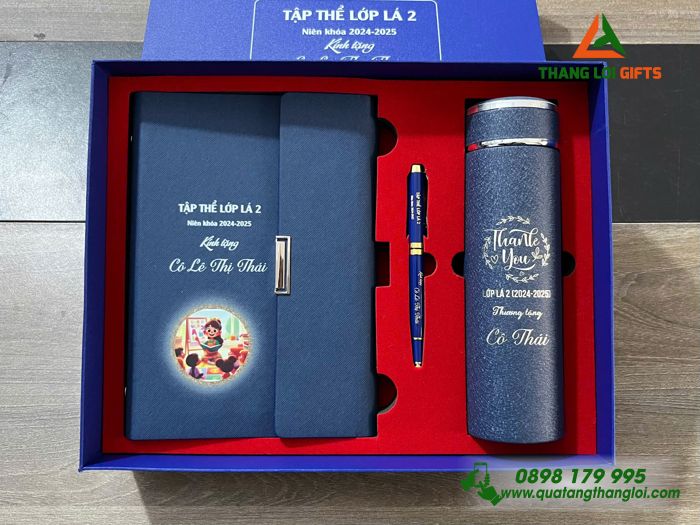 Bộ Quà Tặng (Sổ+ Bình+ Bút) Màu Xanh - In Khắc Tên Làm Quà Tri Ân Thầy Cô