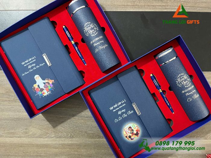 Bộ Quà Tặng (Sổ+ Bình+ Bút) Màu Xanh - In Khắc Tên Làm Quà Tri Ân Thầy Cô