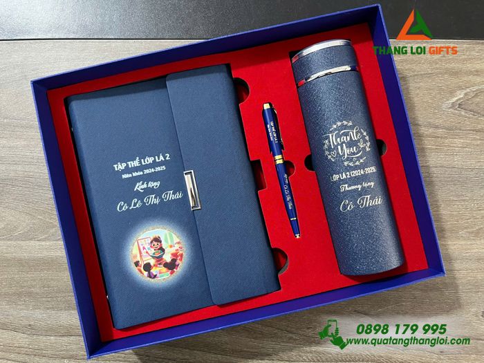 Bộ Quà Tặng (Sổ+ Bình+ Bút) Màu Xanh - In Khắc Tên Làm Quà Tri Ân Thầy Cô