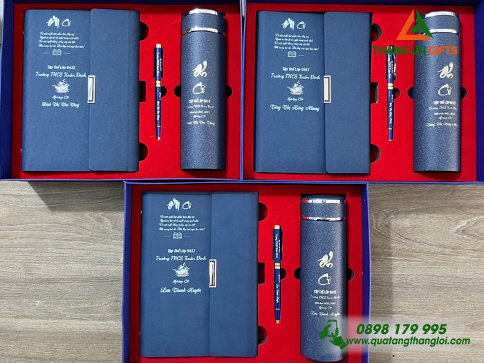 Set Quà Tặng (Sổ+ Bình+ Bút) Màu Xanh - In Khắc Tên Trường THCS Xuân Đỉnh Làm Quà Tri Ân