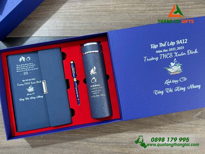 Set Quà Tặng (Sổ+ Bình+ Bút) Màu Xanh - In Khắc Tên Trường THCS Xuân Đỉnh Làm Quà Tri Ân
