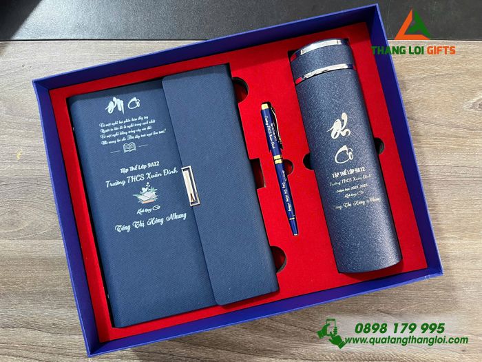Set Quà Tặng (Sổ+ Bình+ Bút) Màu Xanh - In Khắc Tên Trường THCS Xuân Đỉnh Làm Quà Tri Ân