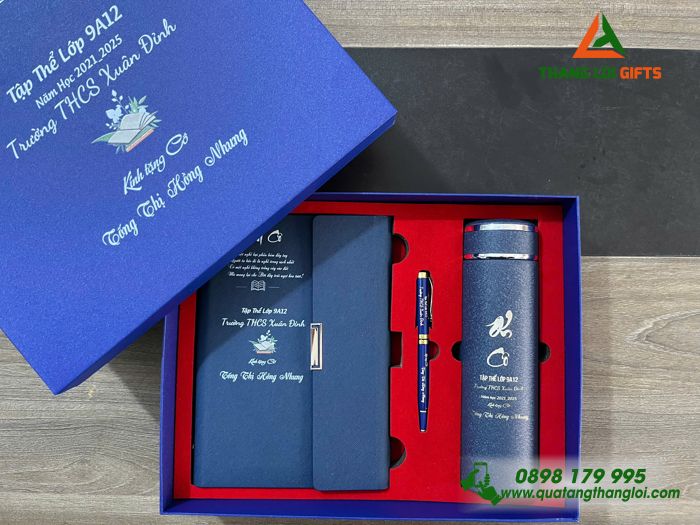 Set Quà Tặng (Sổ+ Bình+ Bút) Màu Xanh - In Khắc Tên Trường THCS Xuân Đỉnh Làm Quà Tri Ân