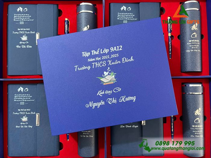 Set Quà Tặng (Sổ+ Bình+ Bút) Màu Xanh - In Khắc Tên Trường THCS Xuân Đỉnh Làm Quà Tri Ân