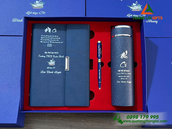 Set Quà Tặng (Sổ+ Bình+ Bút) Màu Xanh - In Khắc Tên Trường THCS Xuân Đỉnh Làm Quà Tri Ân