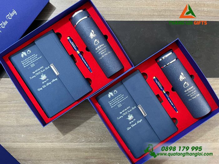 Set Quà Tặng (Sổ+ Bình+ Bút) Màu Xanh - In Khắc Tên Trường THCS Xuân Đỉnh Làm Quà Tri Ân