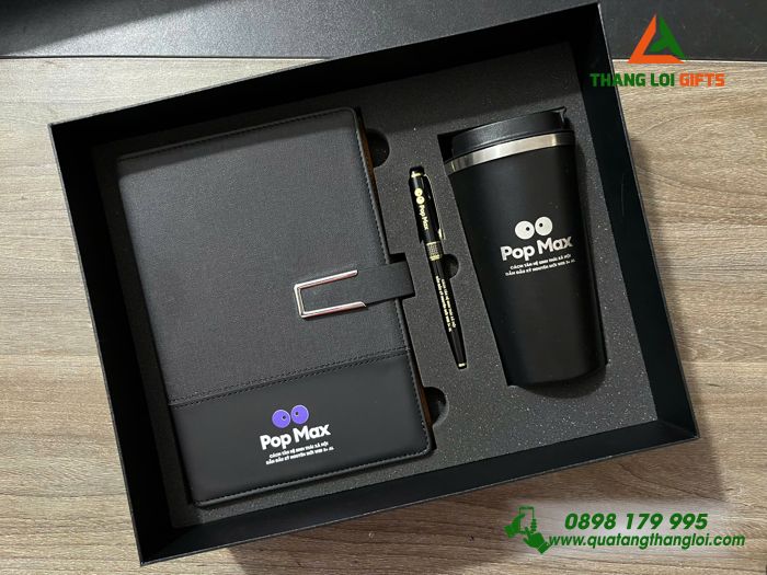 Set Quà Tặng (Sổ+ Ly+ Bút) Màu Đen - In Khắc Logo Pop Max
