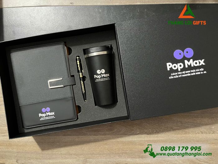 Set Quà Tặng (Sổ+ Ly+ Bút) Màu Đen - In Khắc Logo Pop Max