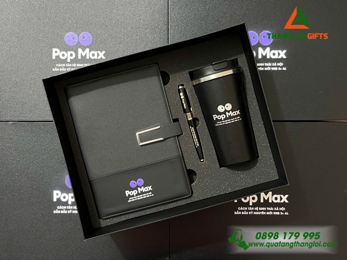 Set Quà Tặng (Sổ+ Ly+ Bút) Màu Đen - In Khắc Logo Pop Max