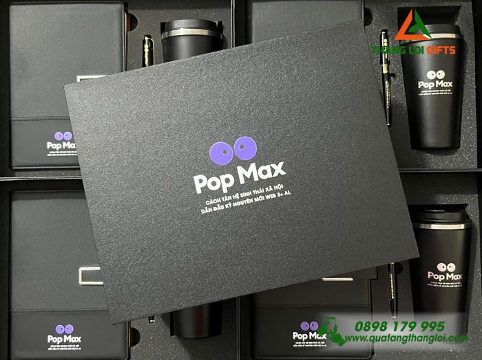 Set Quà Tặng (Sổ+ Ly+ Bút) Màu Đen - In Khắc Logo Pop Max