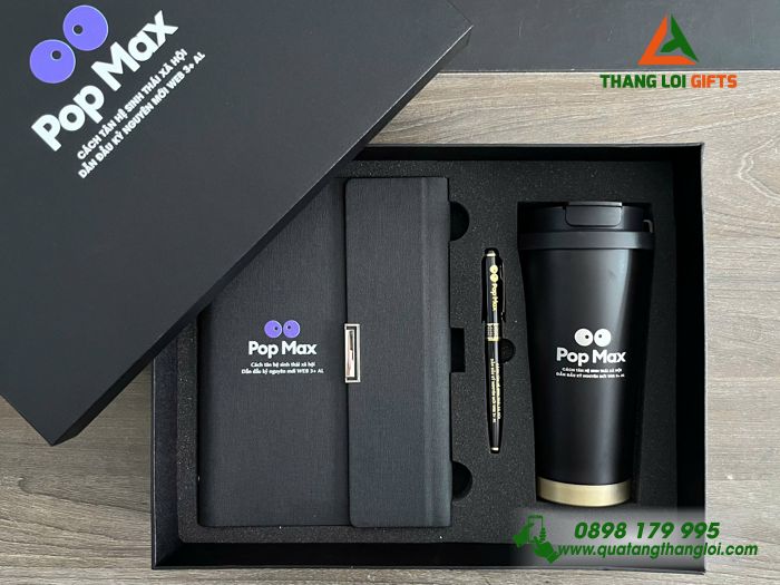Combo Quà Tặng (Sổ+ Ly+ Bút) Màu Đen - In Khắc Logo Pop Max