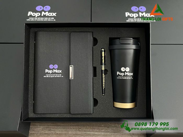 Combo Quà Tặng (Sổ+ Ly+ Bút) Màu Đen - In Khắc Logo Pop Max