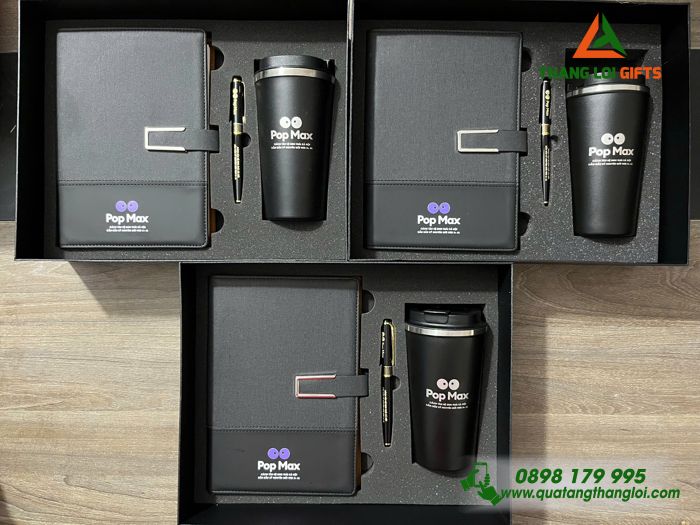 Set Quà Tặng (Sổ+ Ly+ Bút) Màu Đen - In Khắc Logo Pop Max