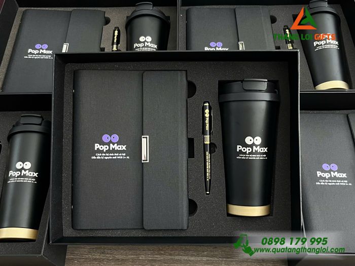 Combo Quà Tặng (Sổ+ Ly+ Bút) Màu Đen - In Khắc Logo Pop Max