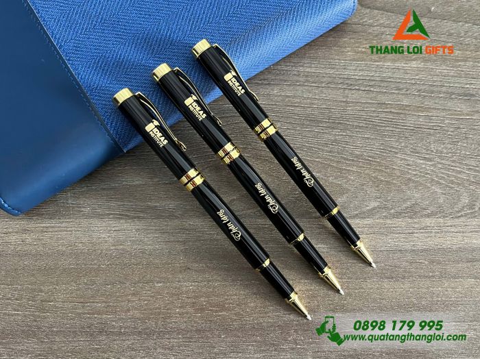 Bút Ký Kim Loại Nắp Đẩy Màu Đen Khoen Vàng - Khắc Logo Doanh Nghiệp IDEAS