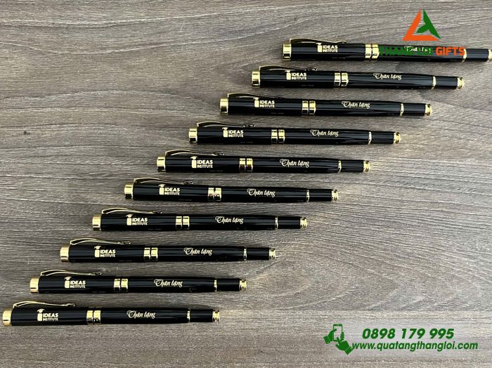 Bút Ký Kim Loại Nắp Đẩy Màu Đen Khoen Vàng - Khắc Logo Doanh Nghiệp IDEAS