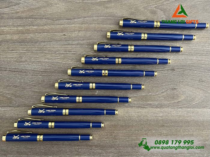 Bút Ký Kim Loại Nắp Màu Xanh Khoen Vàng - Khắc Logo Doanh Nghiệp Long Thành Logistics