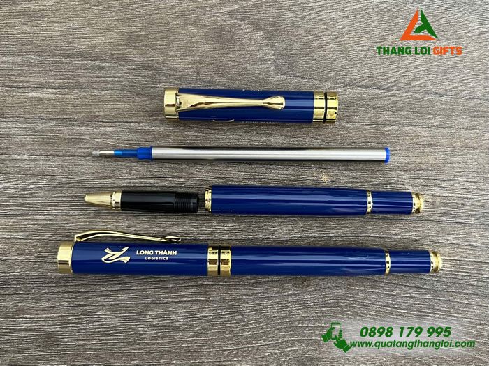 Bút Ký Kim Loại Nắp Màu Xanh Khoen Vàng - Khắc Logo Doanh Nghiệp Long Thành Logistics