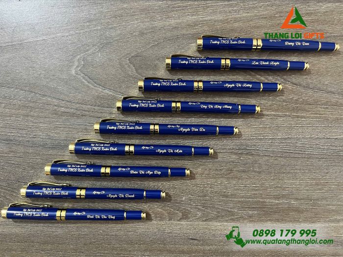 Bút Ký Kim Loại Màu Xanh Khoen Vàng - Khắc Tên Trường THCS Xuân Đỉnh