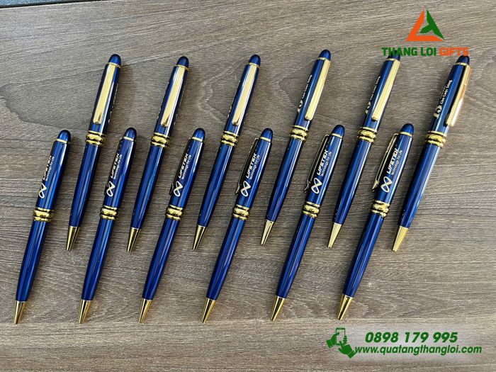 Bút Ký Kim Loại Xoay Màu Xanh Khoen Vàng - Khắc Logo Doanh Nghiệp LIFETEX 