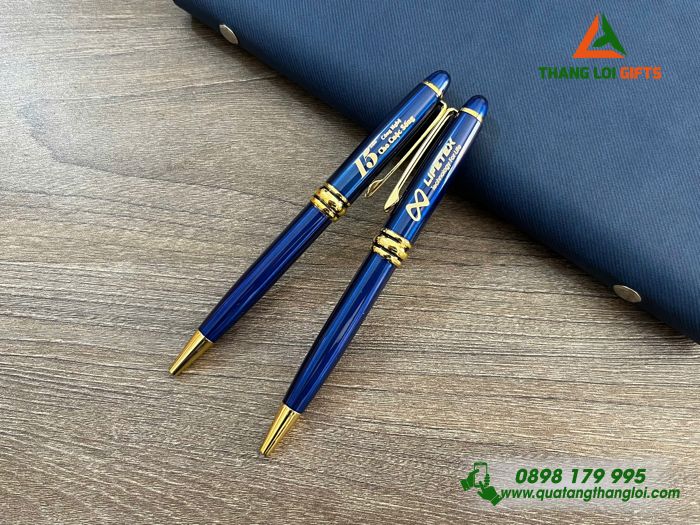 Bút Ký Kim Loại Xoay Màu Xanh Khoen Vàng - Khắc Logo Doanh Nghiệp LIFETEX 
