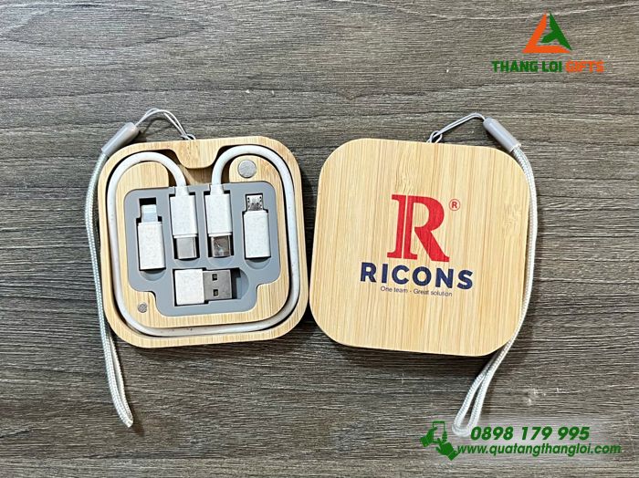 Hộp Cáp Sạc Đa Năng Gỗ 5in1 - In Logo Doanh Nghiệp RICONS