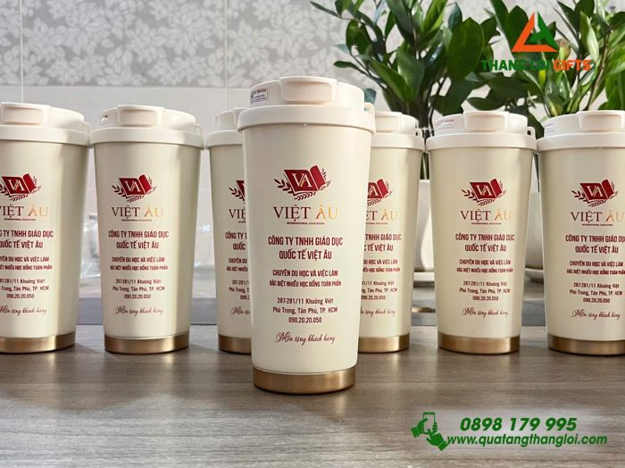 Ly Giữ Nhiệt Coffe 530ml Màu Kem - In Logo Công Ty Giáo Dục Quốc Tế Việt Âu