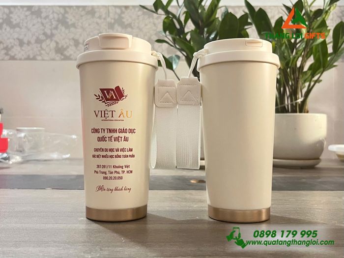 Ly Giữ Nhiệt Coffe 530ml Màu Kem - In Logo Công Ty Giáo Dục Quốc Tế Việt Âu