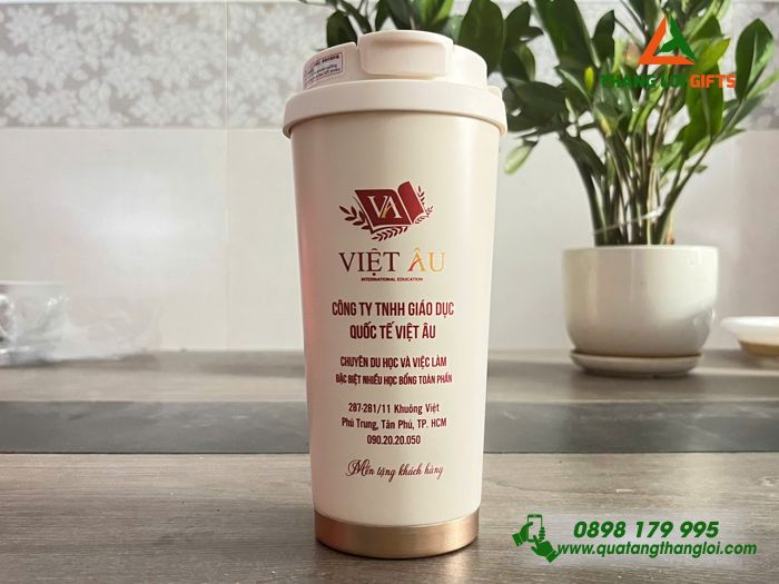 Ly Giữ Nhiệt Coffe 530ml Màu Kem - In Logo Công Ty Giáo Dục Quốc Tế Việt Âu
