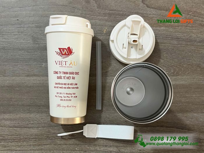 Ly Giữ Nhiệt Coffe 530ml Màu Kem - In Logo Công Ty Giáo Dục Quốc Tế Việt Âu