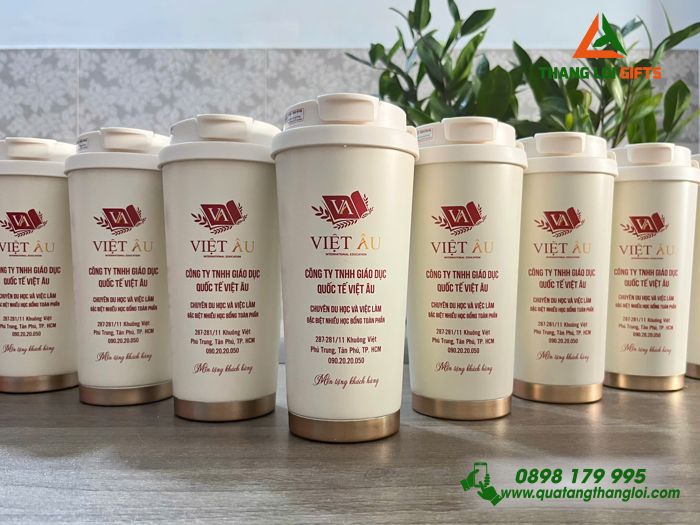 Ly Giữ Nhiệt Coffe 530ml Màu Kem - In Logo Công Ty Giáo Dục Quốc Tế Việt Âu