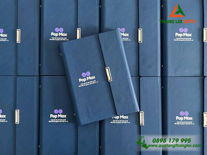 Sổ Tay Bìa Còng Gập 3 Màu Xanh - In Logo Pop Max