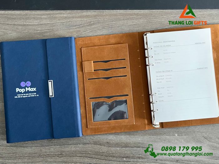 Sổ Tay Bìa Còng Gập 3 Màu Xanh - In Logo Pop Max