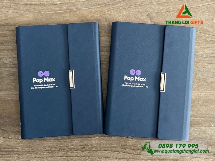 Sổ Tay Bìa Còng Gập 3 Màu Xanh - In Logo Pop Max