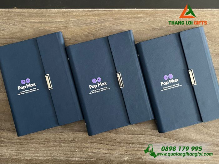 Sổ Tay Bìa Còng Gập 3 Màu Xanh - In Logo Pop Max