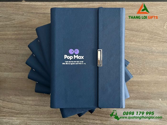 Sổ Tay Bìa Còng Gập 3 Màu Xanh - In Logo Pop Max