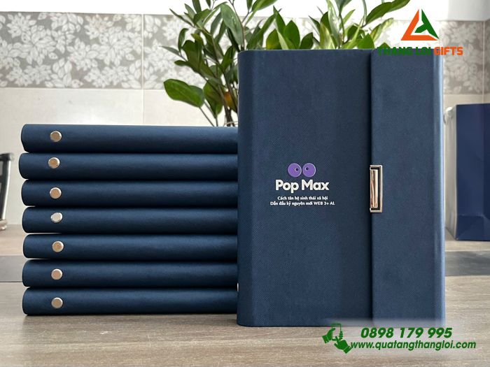 Sổ Tay Bìa Còng Gập 3 Màu Xanh - In Logo Pop Max