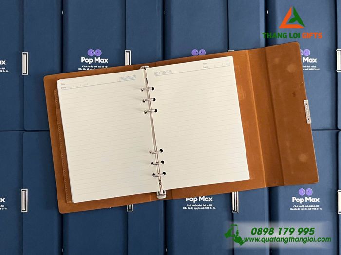 Sổ Tay Bìa Còng Gập 3 Màu Xanh - In Logo Pop Max