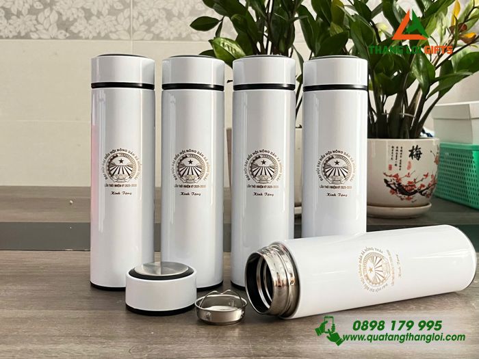 Bình Giữ Nhiệt Màu Trắng 500ml - Khắc Logo Đại Hội Hội Nông Dân Xã Hồng Thái