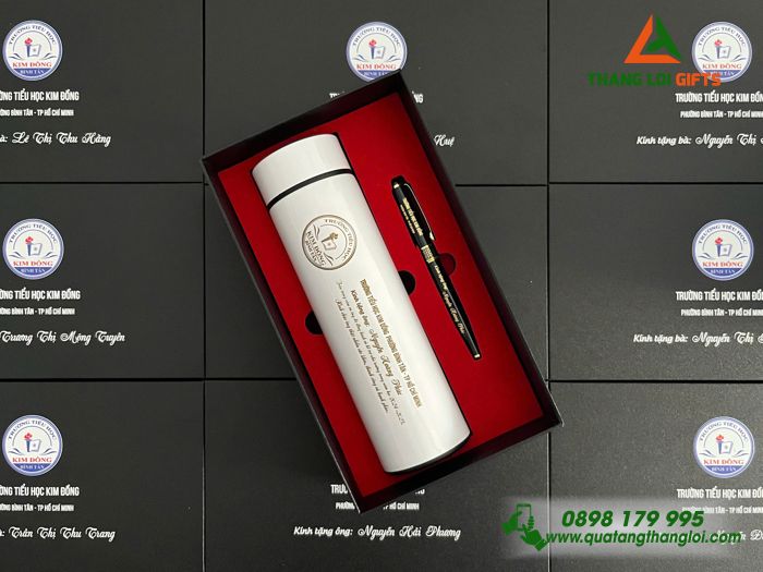 Combo Quà Tặng (Bình & Bút) - In Khắc Logo Trường Tiểu Học Kim Đồng