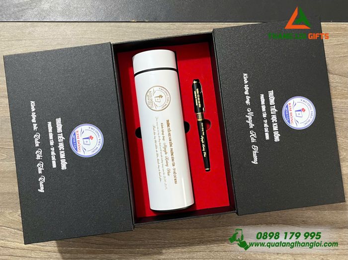 Combo Quà Tặng (Bình & Bút) - In Khắc Logo Trường Tiểu Học Kim Đồng