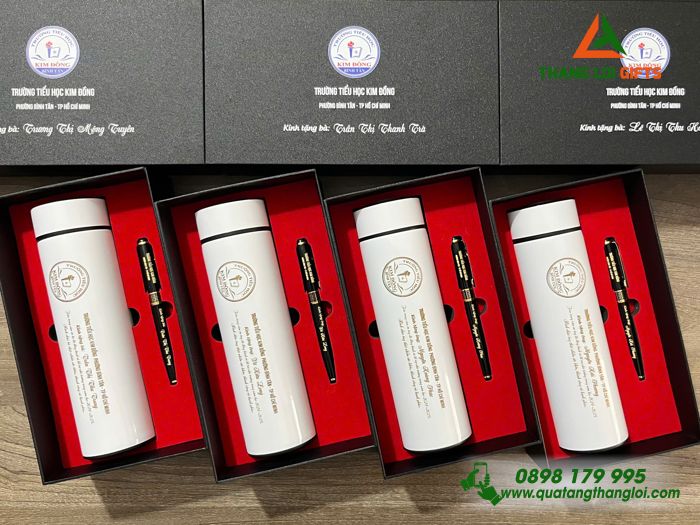 Combo Quà Tặng (Bình & Bút) - In Khắc Logo Trường Tiểu Học Kim Đồng