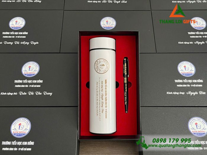 Combo Quà Tặng (Bình & Bút) - In Khắc Logo Trường Tiểu Học Kim Đồng